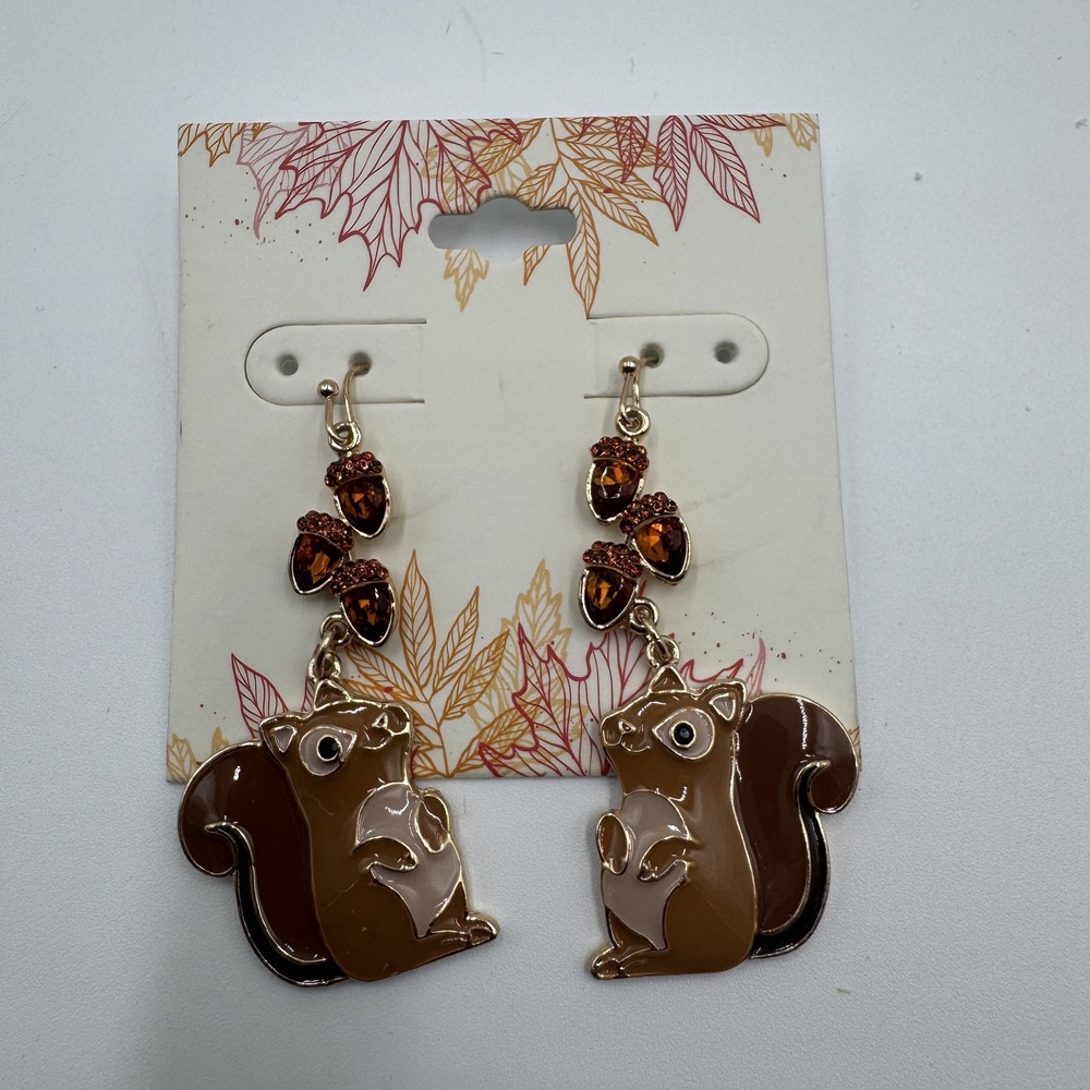 Fall Acorn and Squirrel Drop Earrings Brown Gold NWT